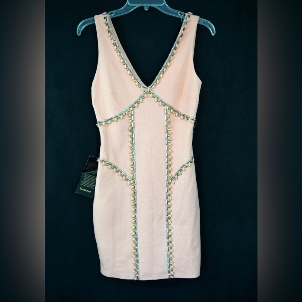 NEW BEBE Sleeveless Jeweled Peach color  Dress  Bodycon, Fully lined, Sz…